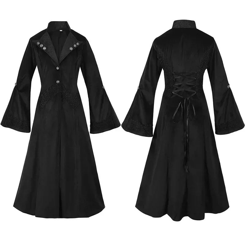 Women Gothic Trench Long Jacket Stand Collar Lace Embroidery Solid Christmas Lady Vinatge Medieval Renaissance Stage Coats