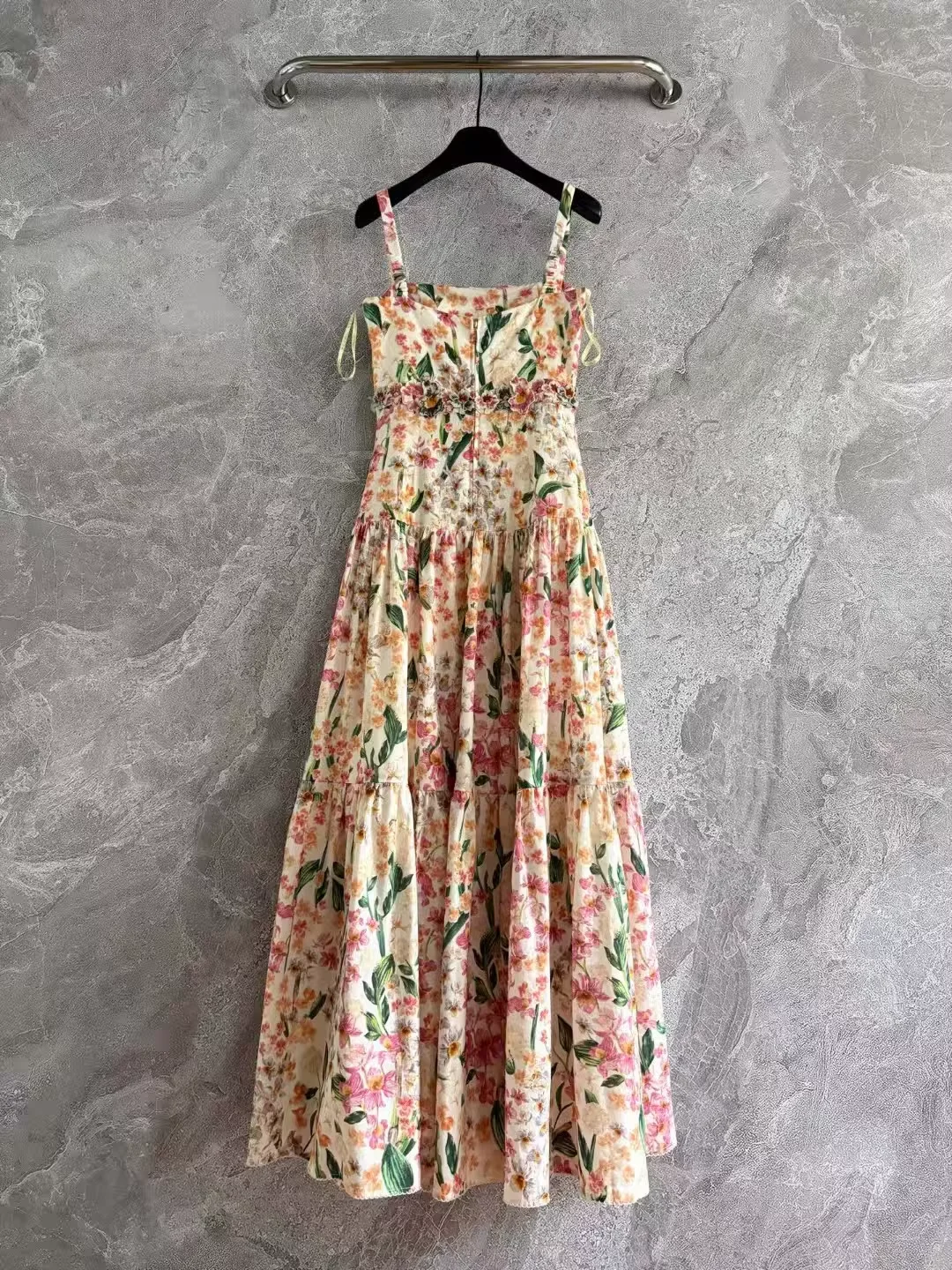 2025 New Ladies 3D Flower Appliqeus Long Dress Pink Flower Print Square Collar High Waist Holiday Female 100% Linen Sling Robe