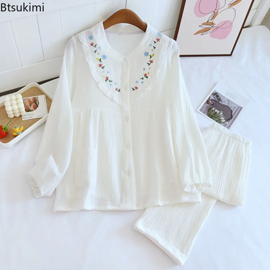 New 2025 Summer Pure Cotton Women's Pyjamas Set Embroidery Print Home Suits Pyjama Long Sleeve Pajamas 2Pcs Sleepwear for Women