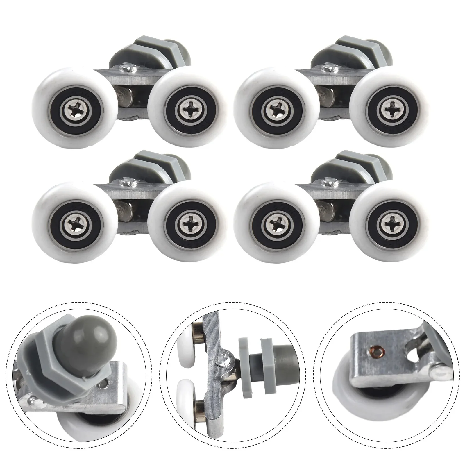 4 Piece Twin Shower Door Roller Kit with Nylon Wheels and Aluminum Housings for 19mm to 27mm Diameter Applications