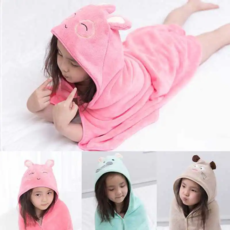 Cute Hooded Bath Towel Poncho Robe For Kids Children Velvet Pink Rabbit Yellow Duck Cyan Bear Travel Beach Towels Baby Bathrobe