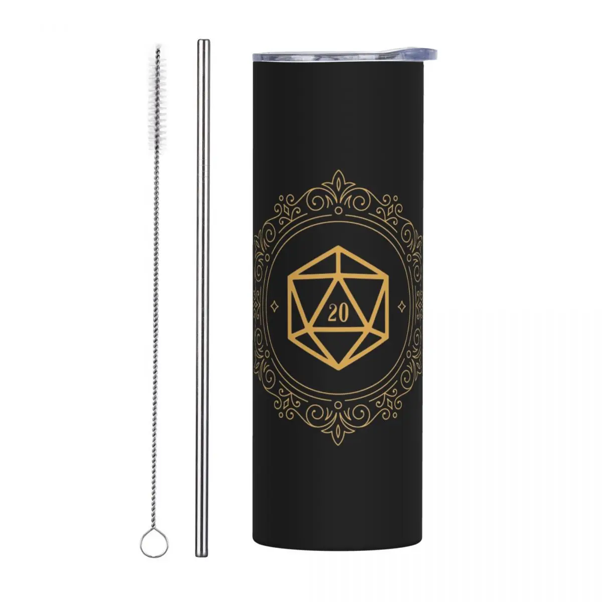 Polyhedral D20 Dice Monogram Bronze Tabletop RPG Stainless Steel Tumbler Insulated Mugs Thermal Cold Cup Straw With Lid 20oz