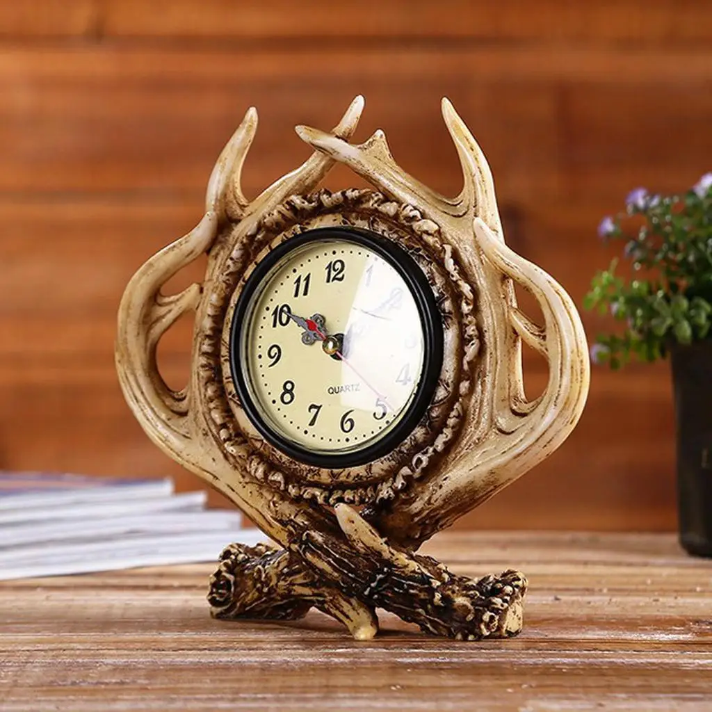 Vintage Resin Antler Alarm Clock Dest Table Clock for Home Bar Office Decor