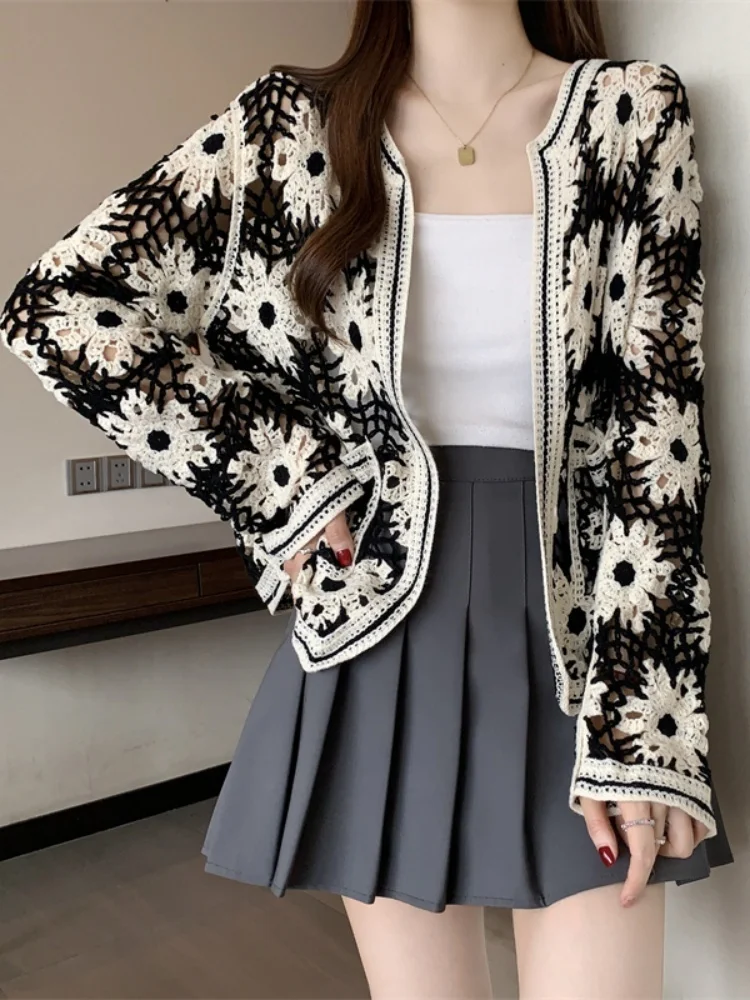 

Women Sweater 2025 Summer New Plus Size Women's Black Hollow Out Lightweight Knit Cardigan Slim Fit Outer Layer Shrug Top