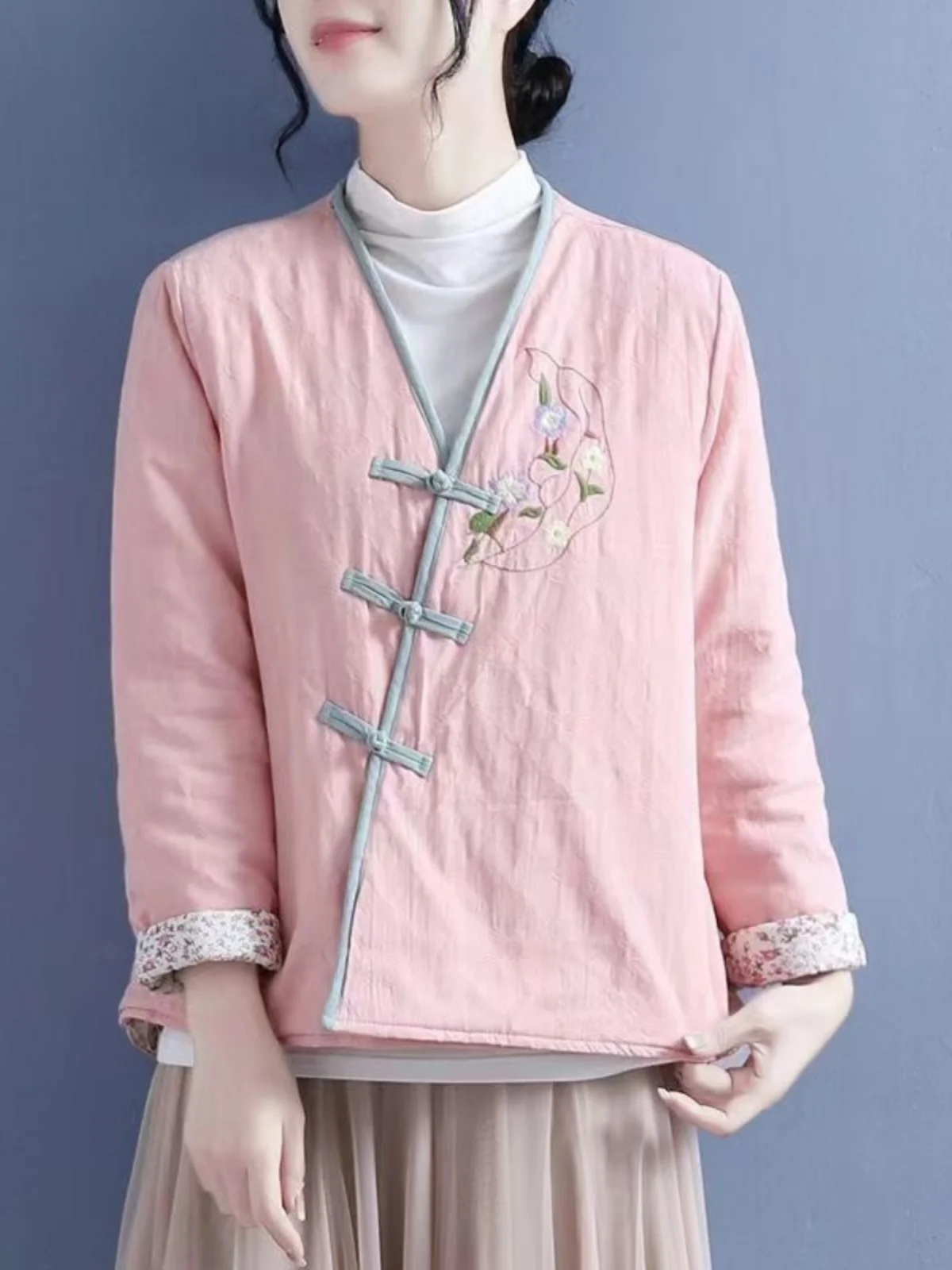 

Женская хлопковая куртка Thiened, осенне-зимняя свободная китайская одежда с пуговицами по бокам, хлопковая одежда с v-образным вырезом и цветочным принтом...