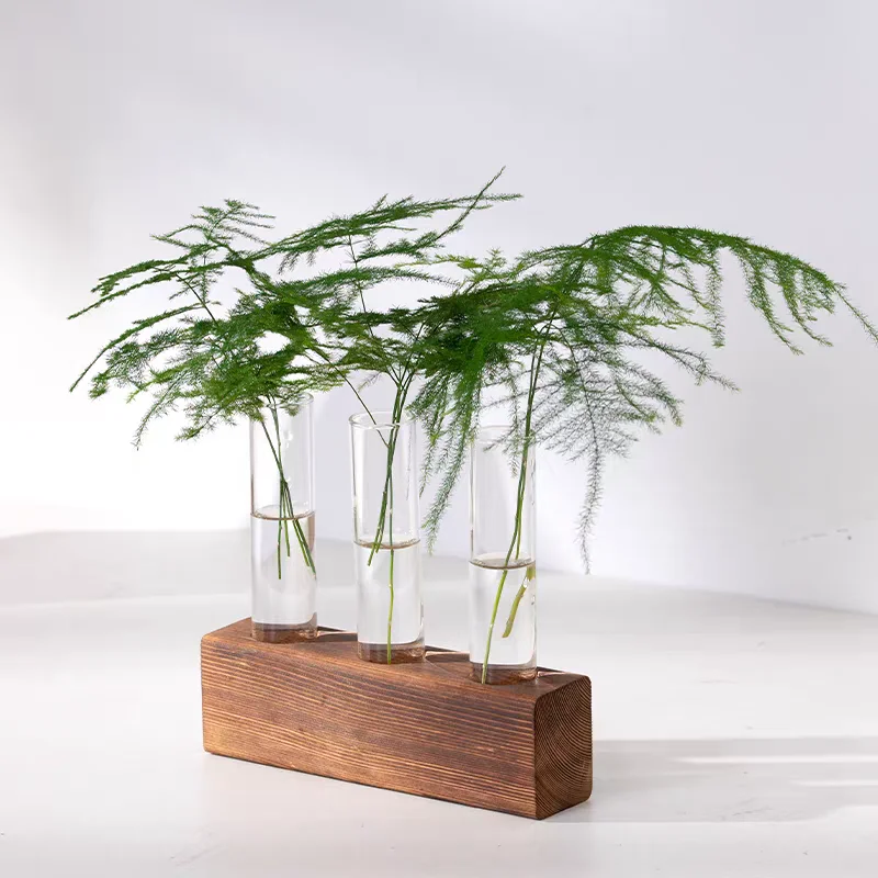 Vintage Solid Wood Base with Transparent Test Tube for Hydroponic Plants Desktop Decorative Ornament Pothos Flower Pot & Floral