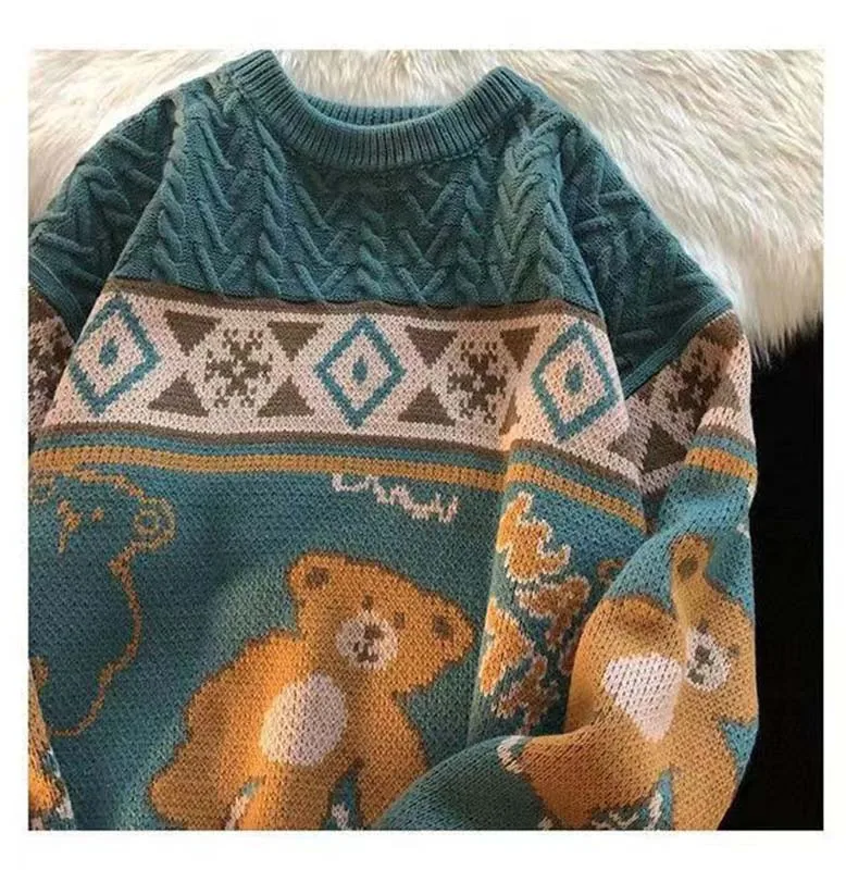 Japanese Vintage Cartoon Bear Crewneck Sweater For Men And Women Couple In Autumn And Winter Lazy Style Twist Knitwear Autumn An