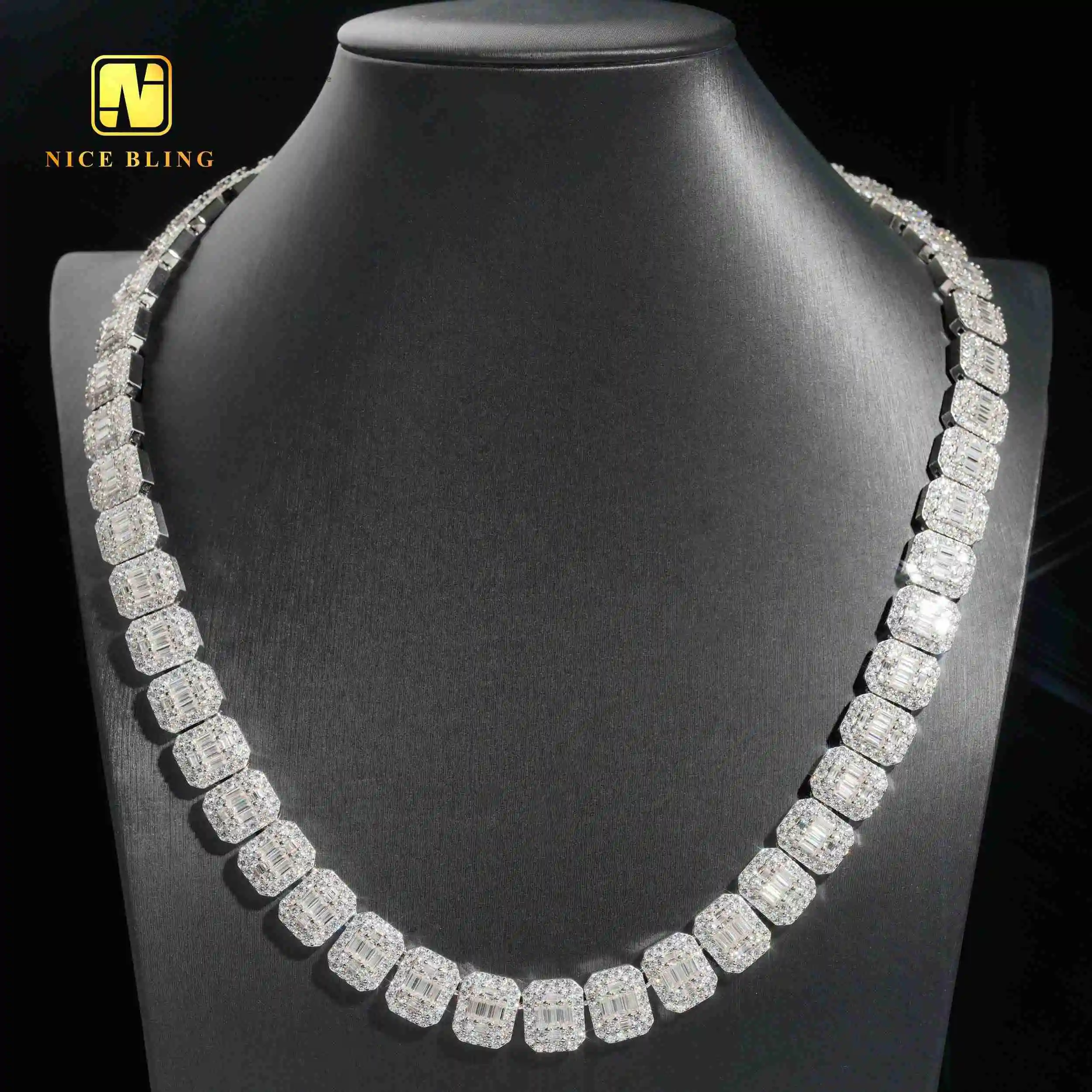 Jewelry Shining Guangzhou Wholesale High Quality Hip Hop Iced Out Jewelry Necklace Square Baguette Tennis Chain..