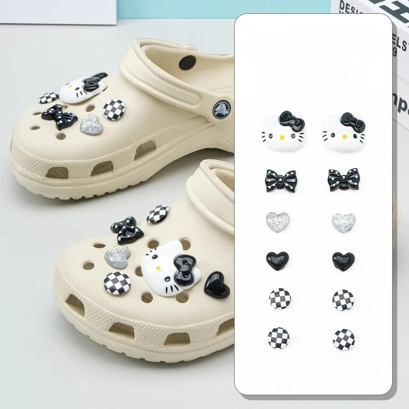 

Набор подвесок для обуви Hello Kitty, черный, белый цвет, Katie KT Cat, женские сандалии, аксессуары, обувь с отверстиями «сделай сам», тапочки и сабо, украшение