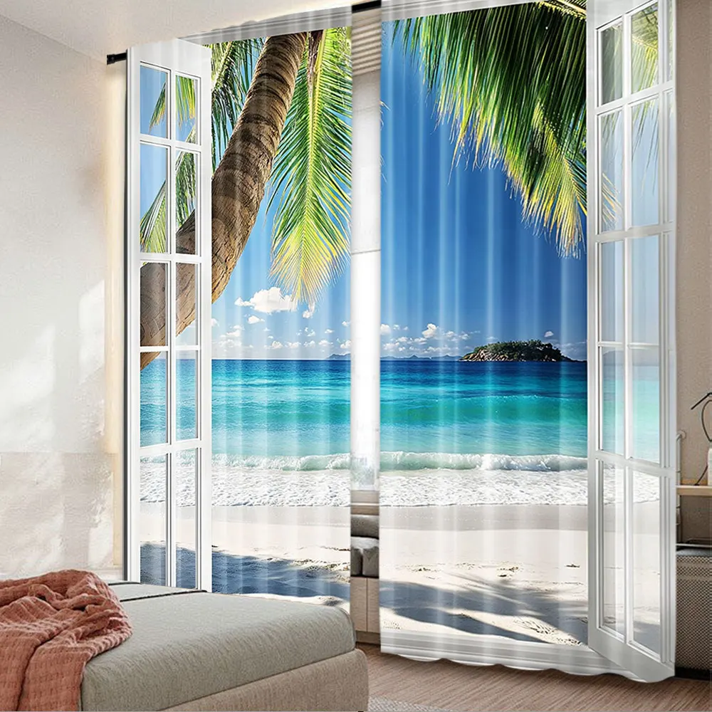 

2Pcs Natural Scenery Curtain Tropical Palm Trees On Island Ocean Beach Window Drapes For Home Dorm Bathroom Bedroom A
