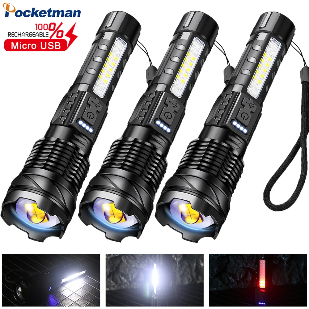 

Powerful LED Flashlight Tactical Flashlights Zoomable Torch USB Rechargeable Flashlight with COB Side Light Gifts for Dad Men