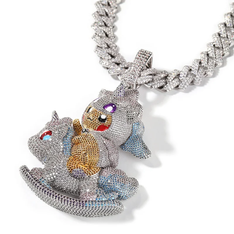 Hip Hop 5A+ CZ Stone Paved Bling Iced Out Unicorn Cartoon Characters Pendants Necklaces for Men Rapper Jewelry