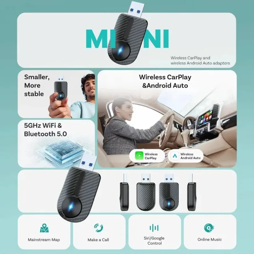 Portable New 2 in 1 Wireless CarPlay Adapter&Android Mini Auto Wireless Adapter 5Ghz WiFi Type-C/USB Plug Play Carplay Wireless