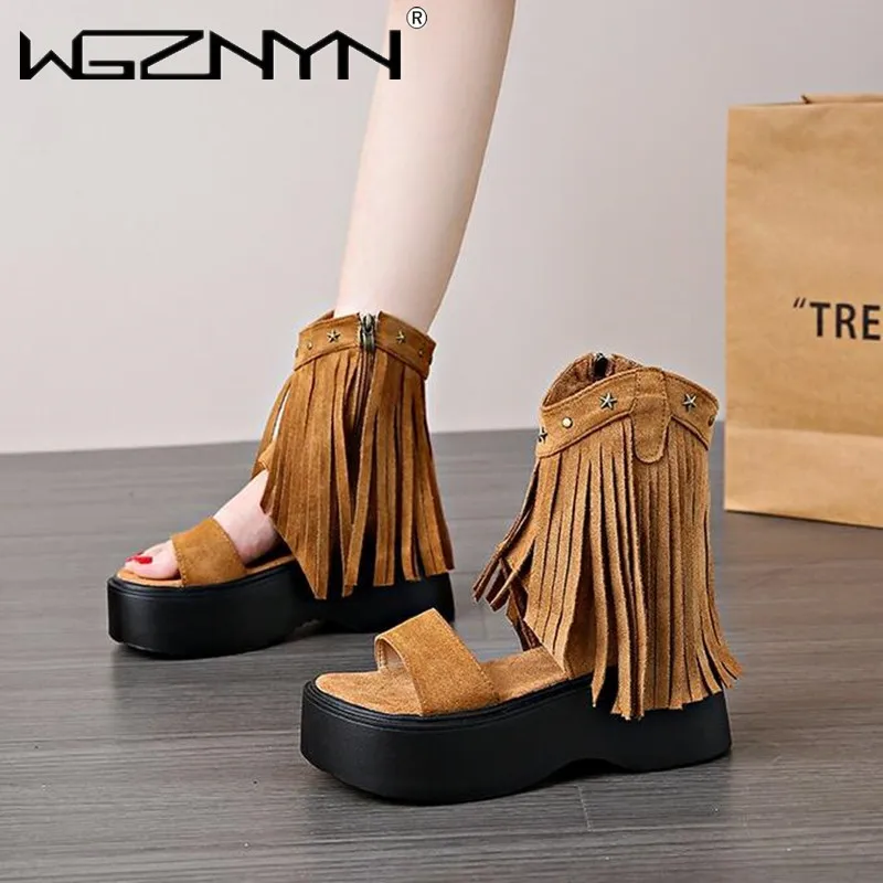 New Retro Fringe Ankle Open Toe Sandals Women New Platform Side Zipper Chunky Heel Sandals Ladies Casual Shoes Zapatos De Mujer