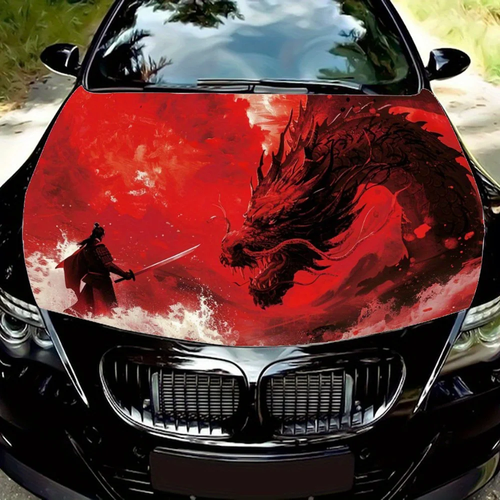 Dragon and Warrior Fight Red Art Car Hood Wrap Color Vinyl Sticker Truck Graphic Bonnet Auto Accessories Decoration Decal Gift