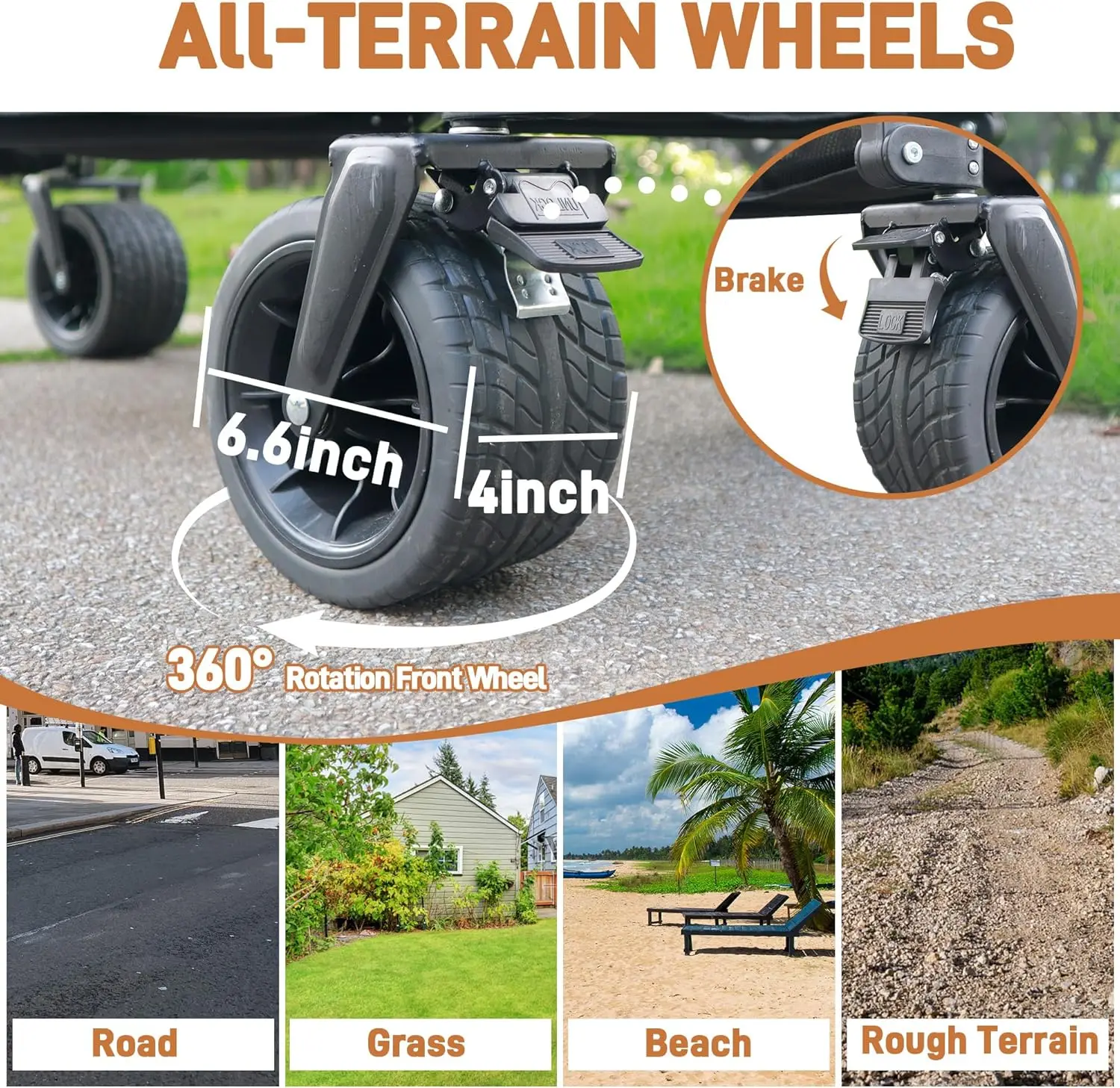 عربة قابلة للطي سعة 220 لترًا مع سعة وزن 350 رطل، عربة شاطئ مع عجلات لجميع التضاريس وحاملات مشروبات، عالي التحمل #5