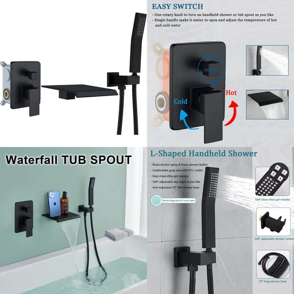 

Matte Black Metal Wall-Mounted Shower Faucet Set with Waterfall Tub Spout and High Pressure Handheld Showerhead for Modern Bathr