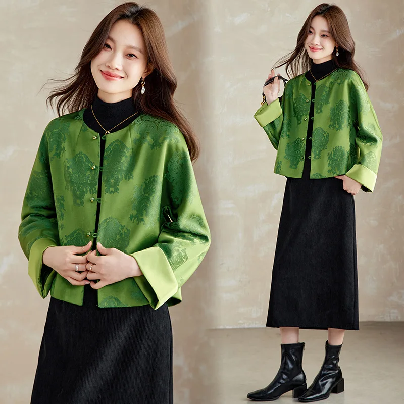 Women Casual Coat Jacquard Long Sleeve Chinese Style Mandarin Collar Jacket Round Collar Cheongsam Patch Work Tang Clothes