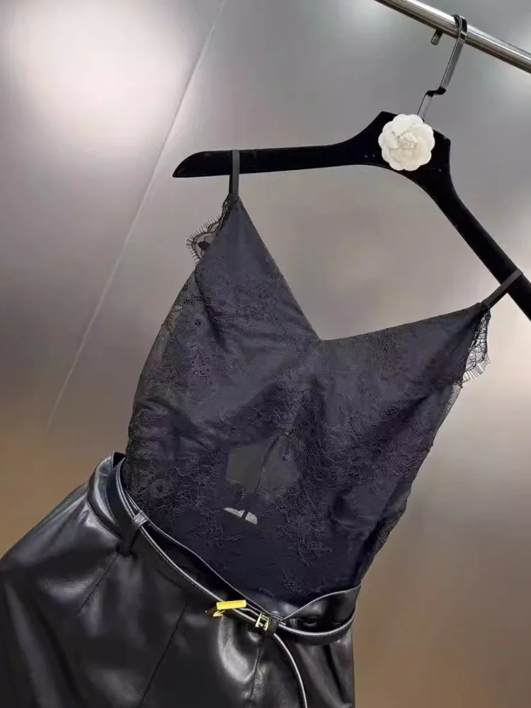 DFDG Damen Frühlingskleid aus schwarzer Spitze, Cami-Leder, Gürtel, hohe Taille, geteilter Saum, elegante Party, Clubwear, 2025, trendiges, feminines Kleid