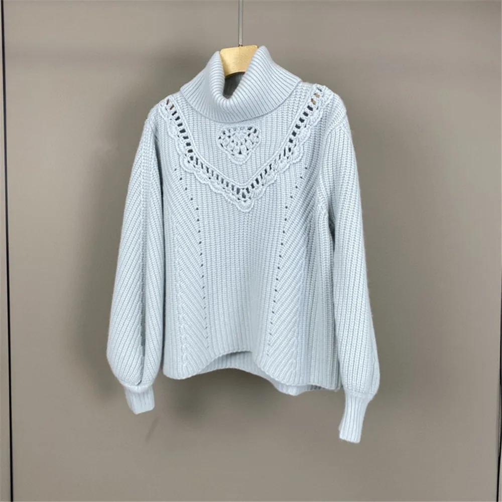 Autumn 2024 Women's Heavy-Duty Crochet Hollow Cashmere Turtleneck Pullover Sweater