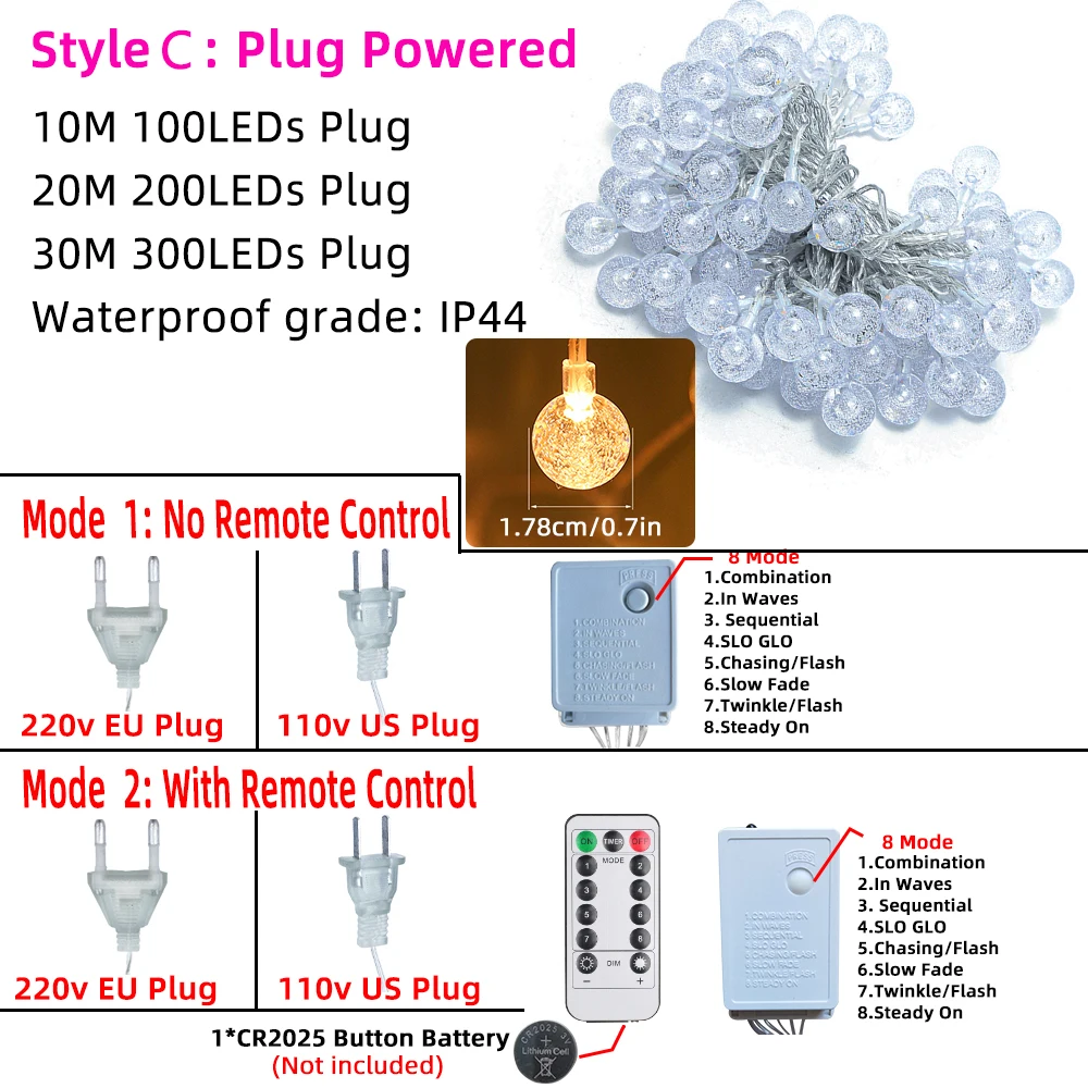 Imagem -04 - Led String Luzes ao ar Livre Bola de Cristal Corrente Luzes Guirlanda Luzes de Fadas para Festa de Ano Novo Casa Jardim Decoração de Natal 3m30m