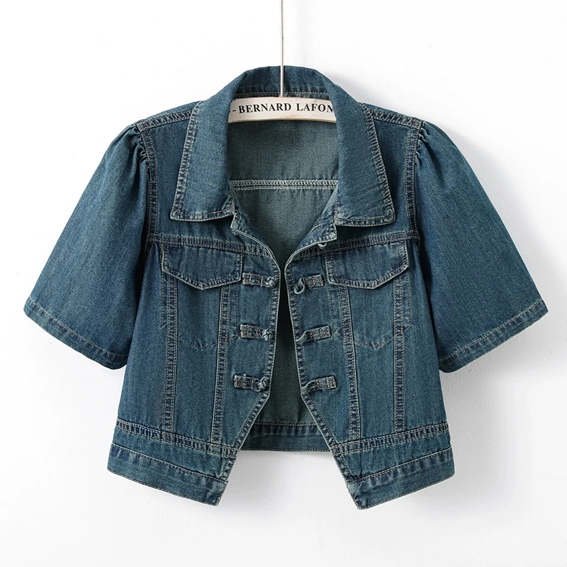 Summer Korean Thin Slim Short Denim Jacket Light Blue Dark Blue Women Cowboy Outerwear Lapel Short Sleeve Jeans Jacket Coat