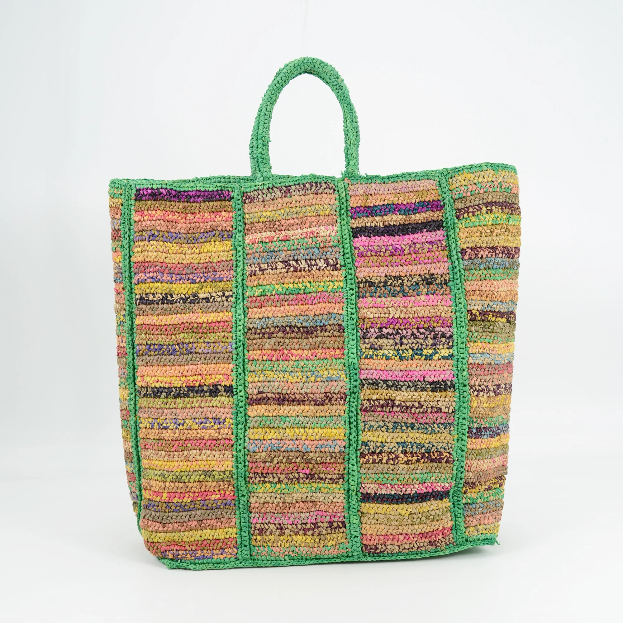 

Handmade Crocheted Colorful Striped Straw Raffia Tote