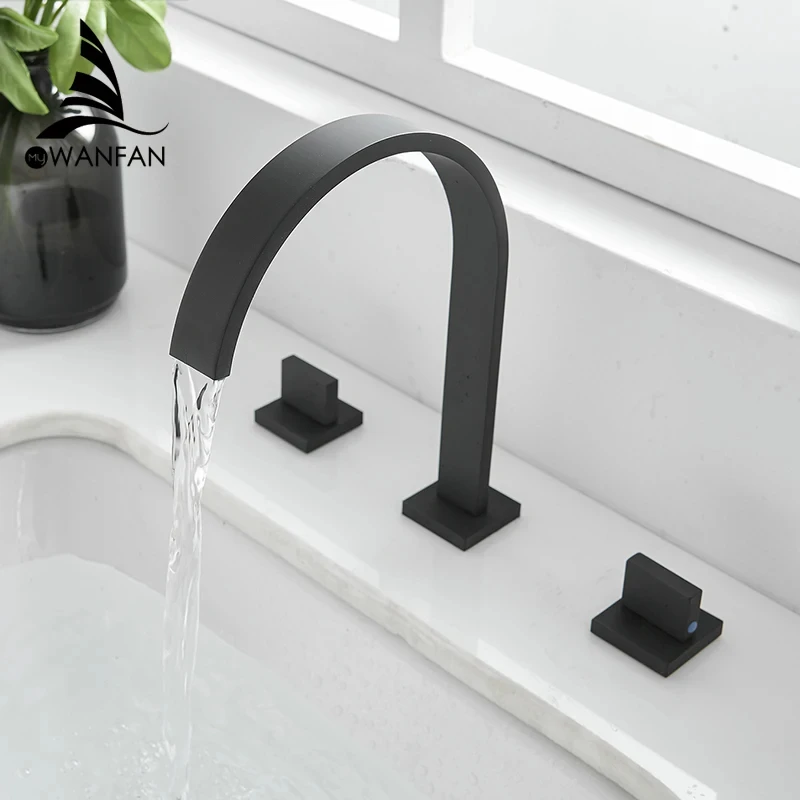 

Black Basin Faucets Brass Polished Deck Mounted Square Bathroom Sink Faucets 3 Hole Double Handle Hot And Cold Water Tap LT-109R