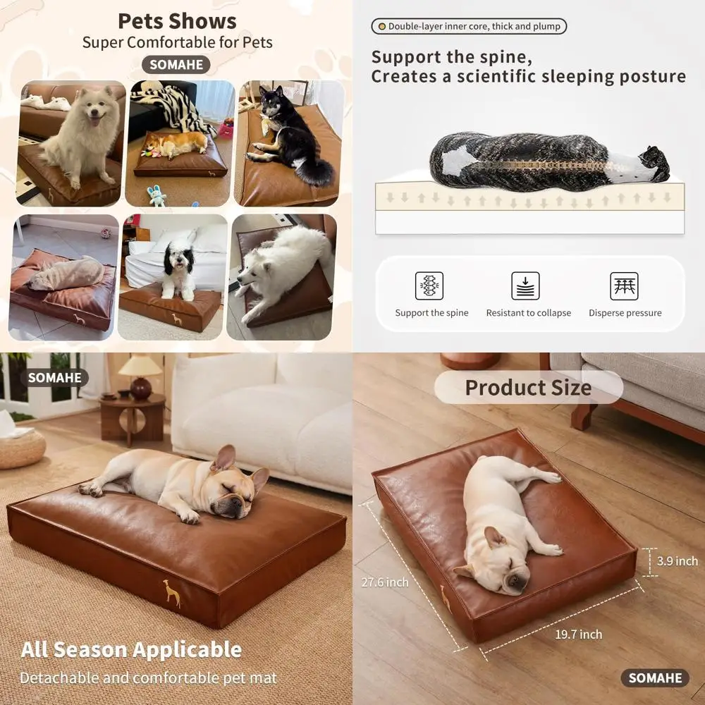 

Orthopedic Medium Dog Bed with Removable, Washable PU Leather Cover for Small Dogs, Waterproof, Brown, 27.5x19.6x4 inches