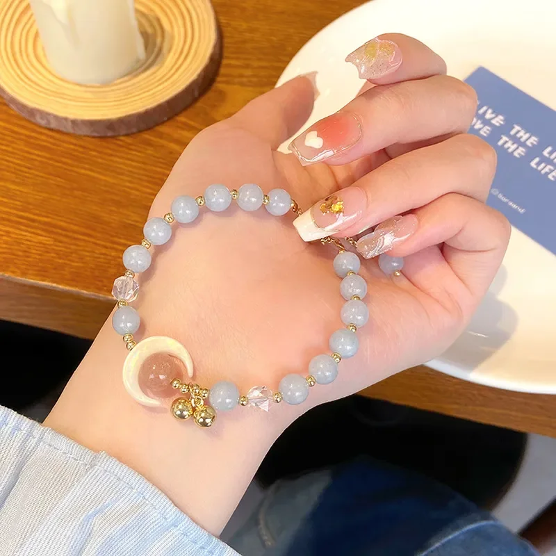 Moonlight Love~ Super Fairy Sweet Princess Wind ins Sea Shell Moon Bracelet 6mm Aquamarine Pull Student Bracelet