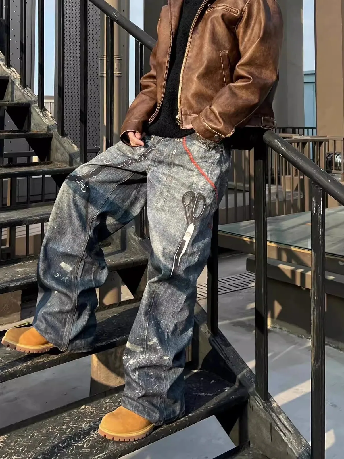 

Waed 3D Printed Flower Chain Hanging Decoration Loose Straight Leg Jeans Men's Long Pants American High Street Retro Sle