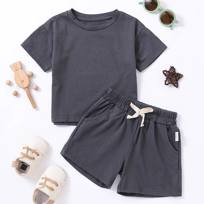 2023 Kids Solid Clothes Sets Summer Casual Short Sleeve + Elastic Waist Shorts Suits Toddler Sets for Girls Boys