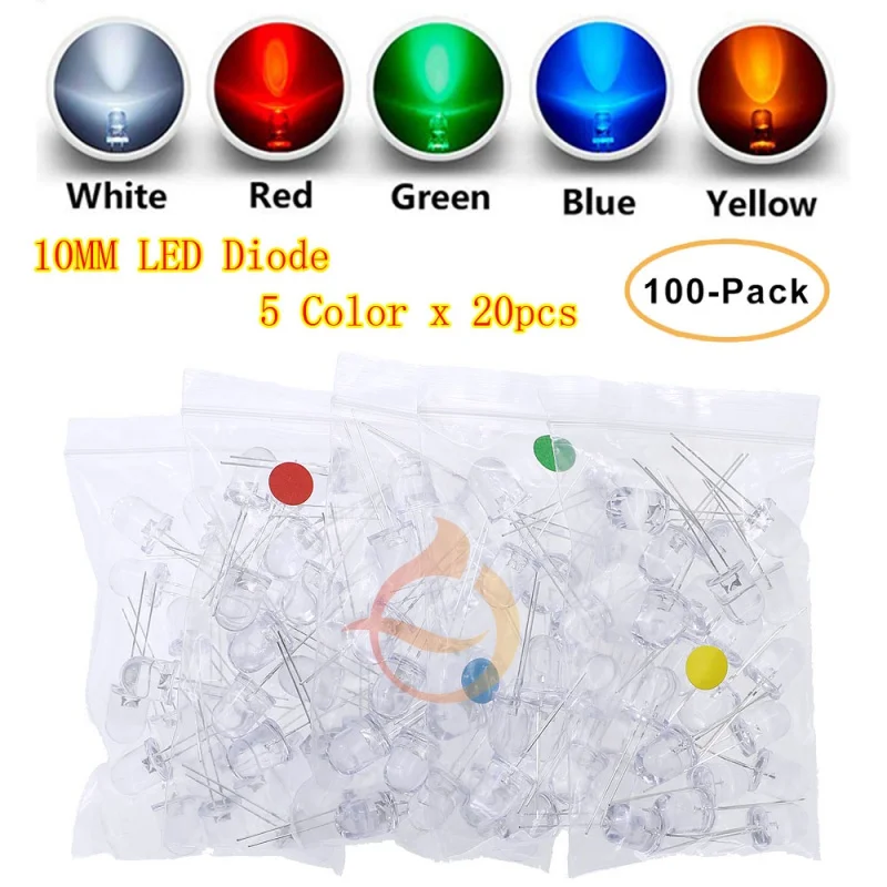 100PCs F10 10mm 5 colors white light emitting diode led assorted kit red white yellow green blue transparent bulb