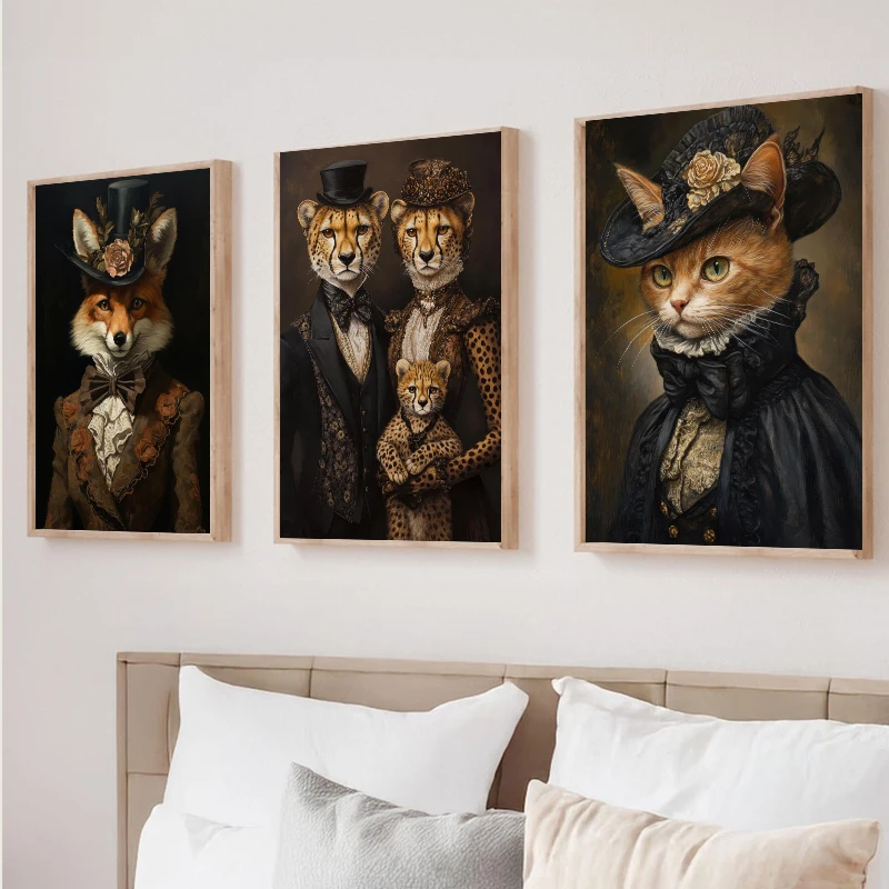 Aristocrat Animals Leopard Tiger Fox Cat Portrait Posters and Prints Vintage Art Canvas Painting Wall for Living Room Home Decor