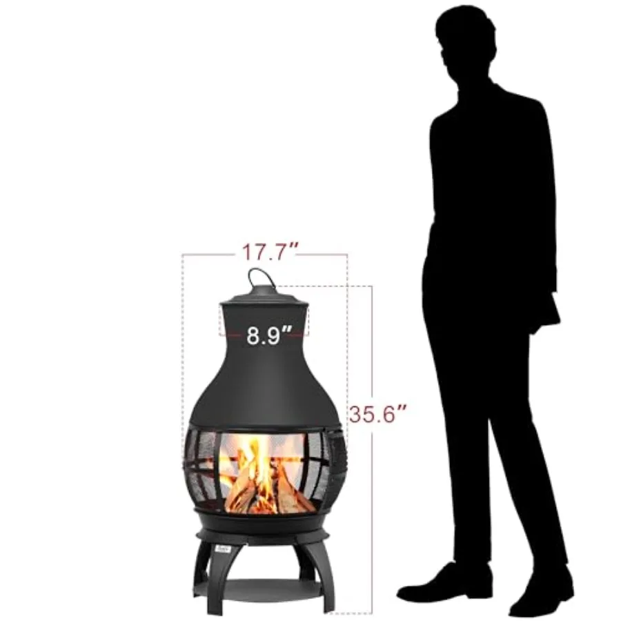 Outdoor wood-burning fire pit chiminea for backyard use, made of durable cast iron, classic black finish, features smokeless de