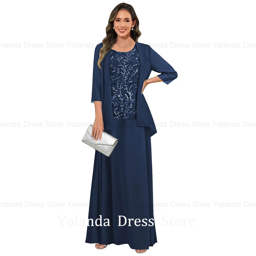 

Yolanda Customized 3/4 Sleeves Mother of The Bride Dresses Chiffon A Line 3 Pieces Applique Long Formal Wedding Guest Dress