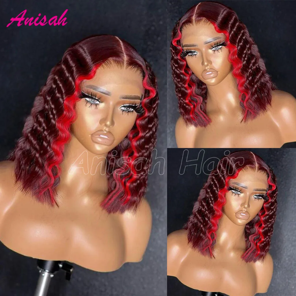 

Brazilian Virgin Hair Red Burgundy Short Bob Human Hair Wigs Glueless Highlight Deep Wave Lace Front Wig Human Hair Pre plucked