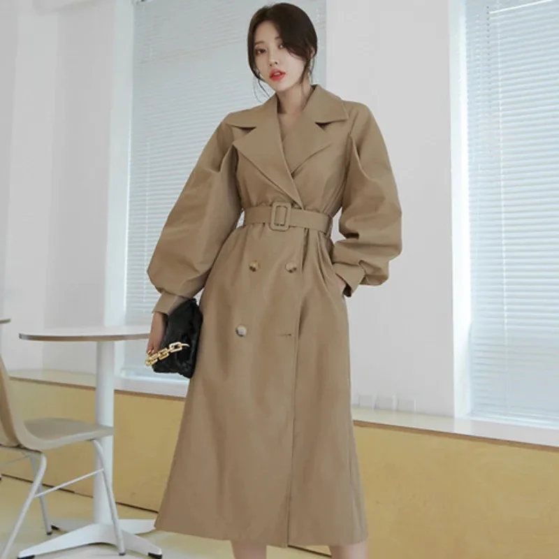 

Temperament Women Loose Korean Style Fashion Belt Trench Coat Spring Autumn Lapel Double-breasted Long Below The Knee Outwear