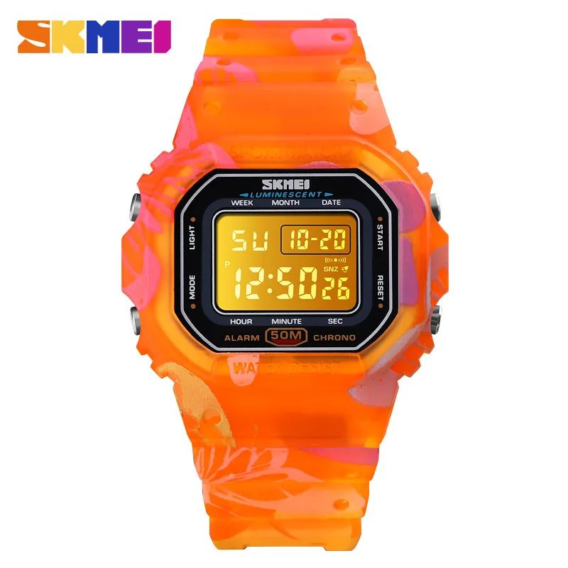 SKMEI Colorful Watches PU Transparent Shockproof Teenager Multi-functional sports waterproofing Wristwatches Digital reloj mujer