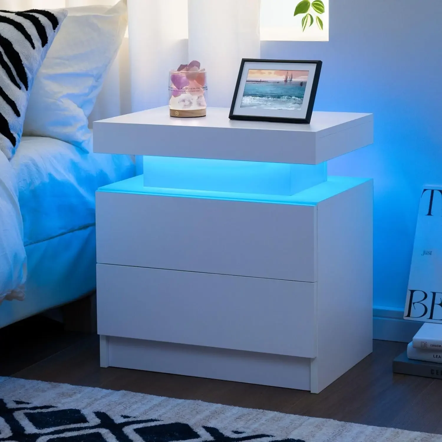 Nightstand LED Bedside Table for Bedroom Modern Night Stand with 2 Wood Drawers End Side Table for Bedroom