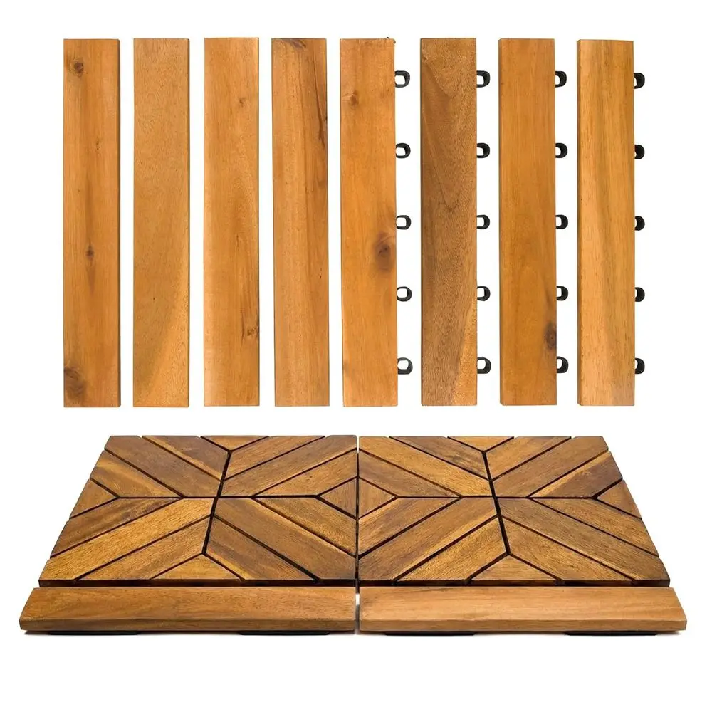 

12x12 Outdoor Acacia Hardwood Deck Tiles with Snap-On Edge Trim for Patio, Balcony, and Garden - 8 Pack