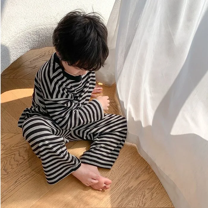 Teen Kids Thermal Wear Set Stripe Pajamas Dralon Warm Home Clothes Long Sleeve Loungewear for Autumn Winter Boys Girls Sleepwear