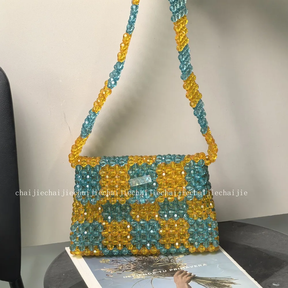 New Fashion Color Block Women's Bags Handmade Versatile Square Pattern Ladies Beaded Bag Unisex Handbag Woven Tote Handbag