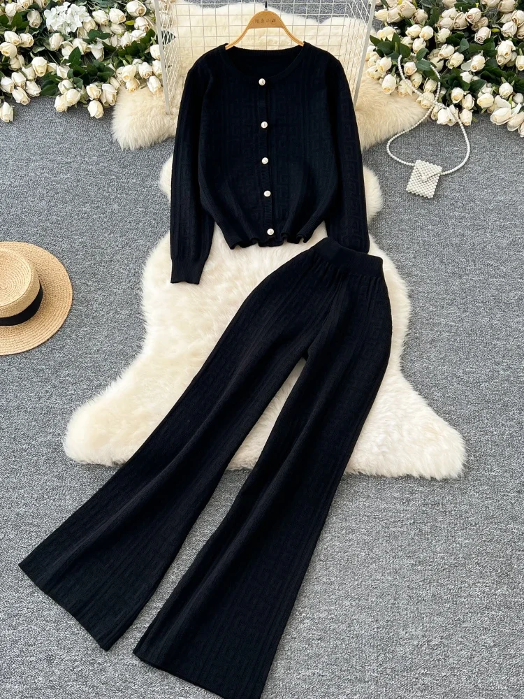 Autumn French Vintage Sweater 2 Piece Set Female Long Sleeve Cardigan+Elastic Long Pants Fashion Winter Office Lady Knitt Suit