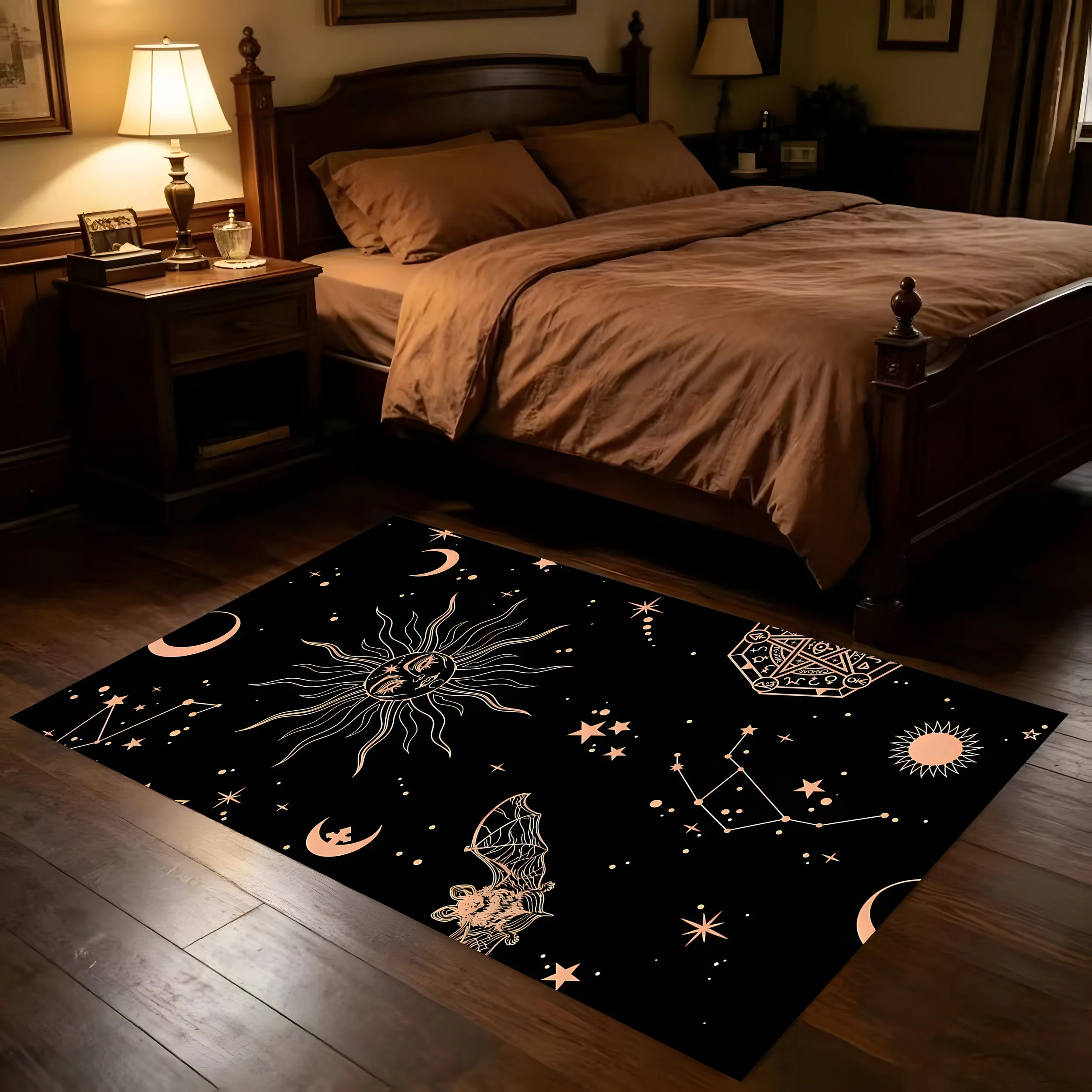 Dark Gold Star, Moon, and Sun Constellation Totem in a Retro and Mysterious Style, Suitable for Halloween and Christmas, Bedroom, Bedside, Living Room, Gaming Room, Velvet Rug to Create a Dreamy and Tranquil Atmosphere