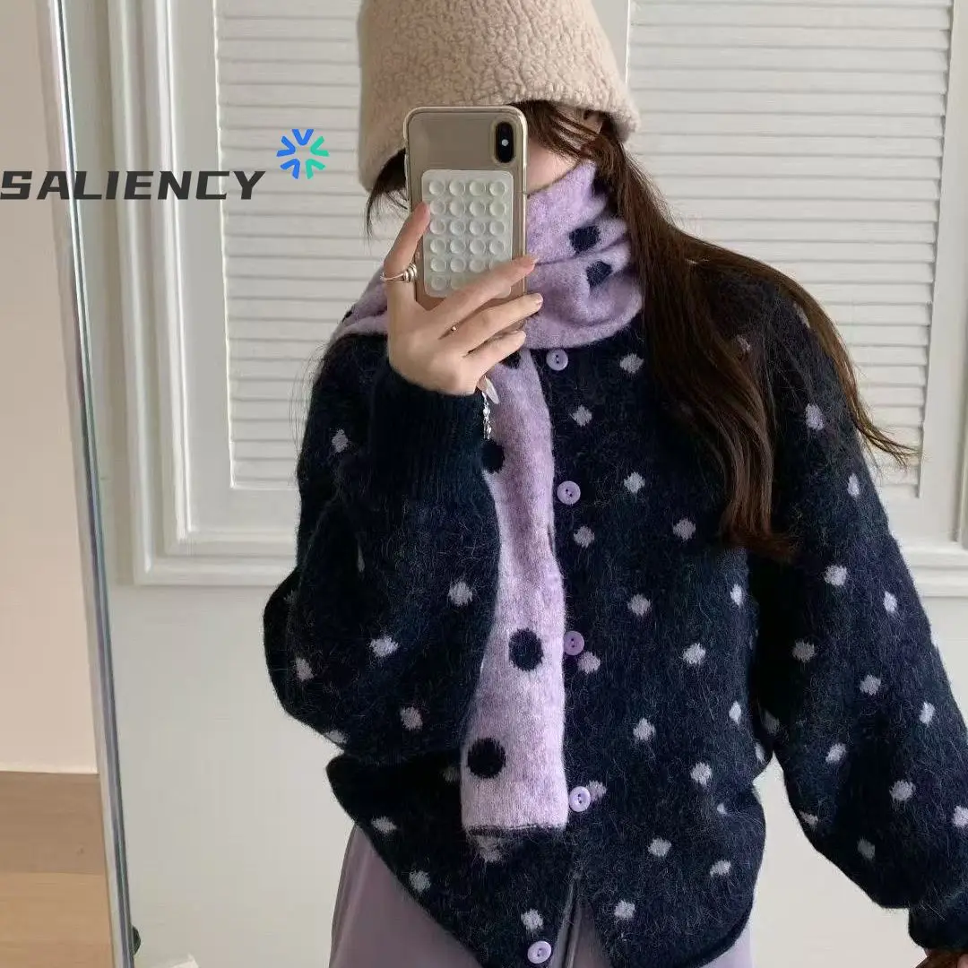 SALIENCY Japanese Style Relaxed Vintage Polka Dot Sweater Jacket for Women Autumn Versatile Set with Scarf & Knit Cardigan