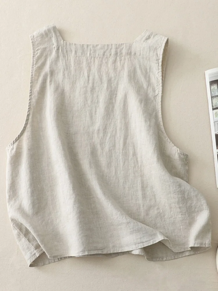 Japońska koszulka z bawełny i lnu na lato, luźna, cienka, z kwadratowym dekoltem, piękna, do noszenia pod ubraniem, cienka kamizelka do noszenia na zewnątrz.