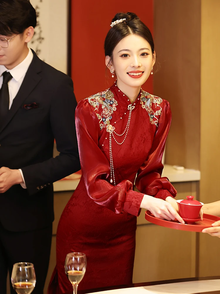 

Red Wedding Dr ort Sve Embroidered Chinese Sle Marriage Clothes for Women Vintage Sle mid Waist