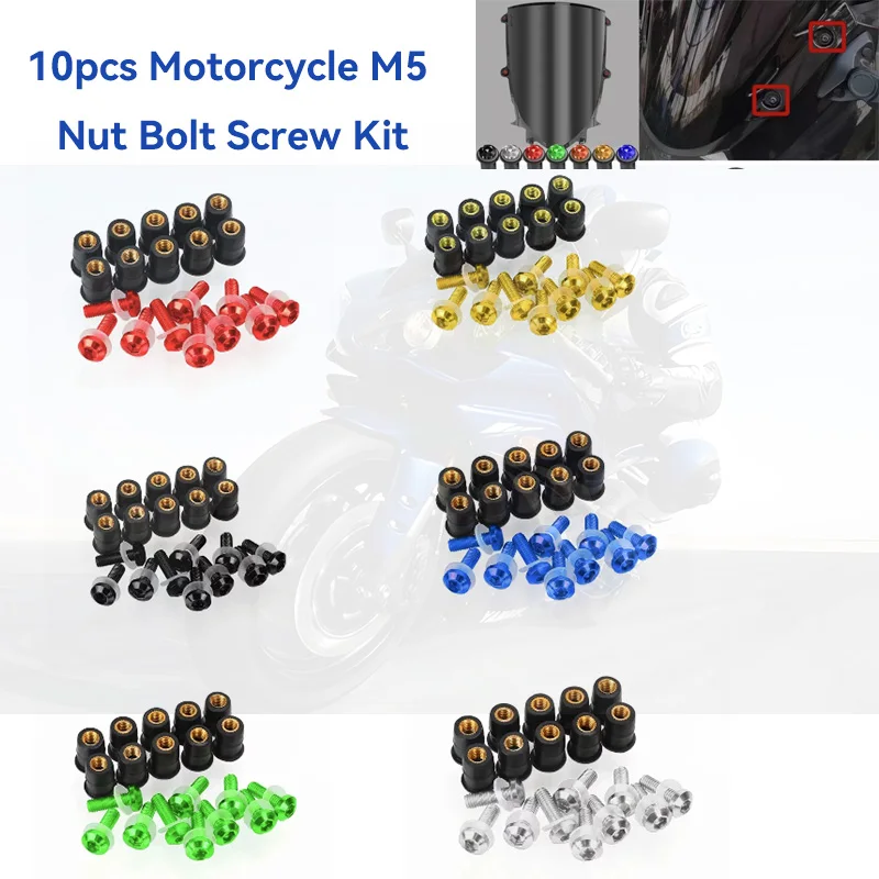 

10pcs/Set Kit Motorcycle 5mm Metric Rubber Well Nuts Windscreen Fairing Cowl Anodized Aluminum Screws Bolt Motorbike Accessories