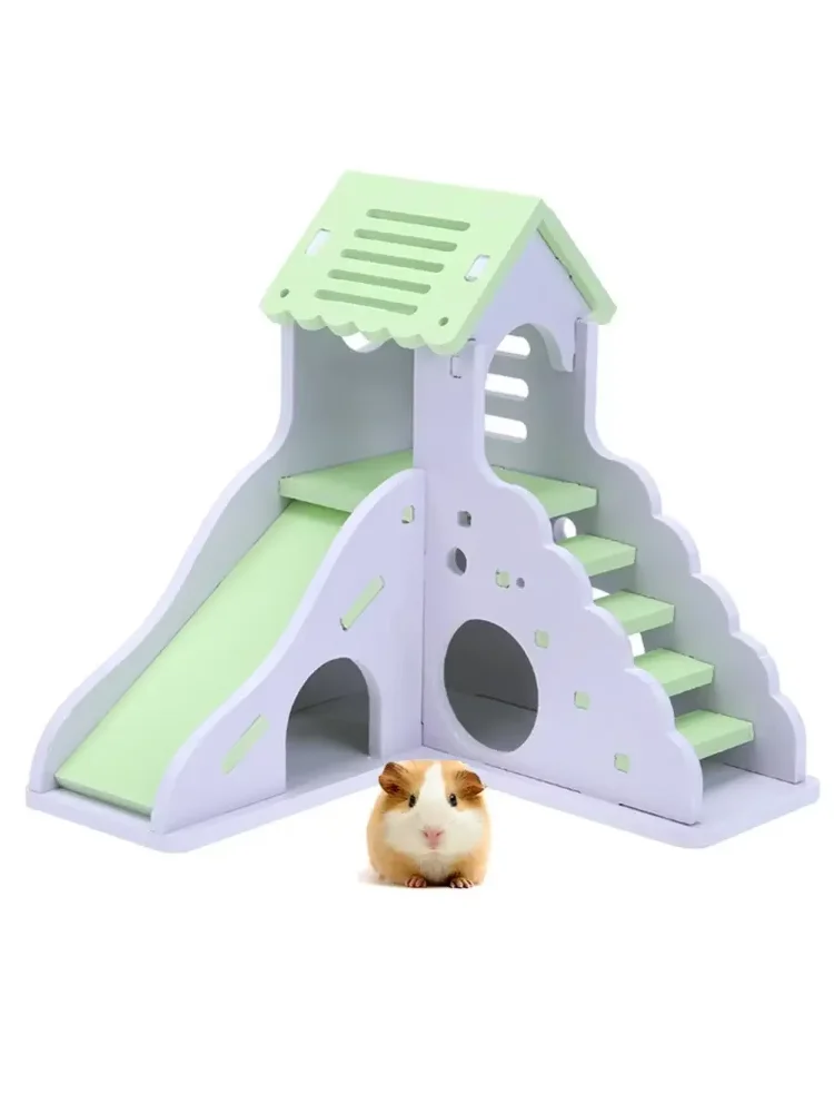 Colorful Mini Eco-board Wooden Slide DIY Assemble Hamster House Small Animals Pet Toy Double Stair-style Castle Pavilion Villa